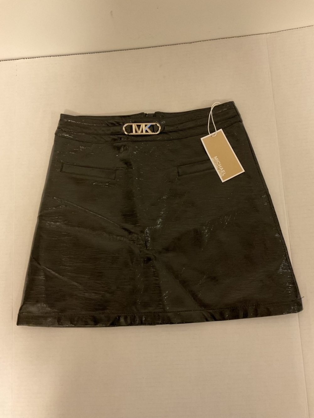 Michael Kors Shiny Black Faux-Leather A-Line Mini Skirt with MK Buckle